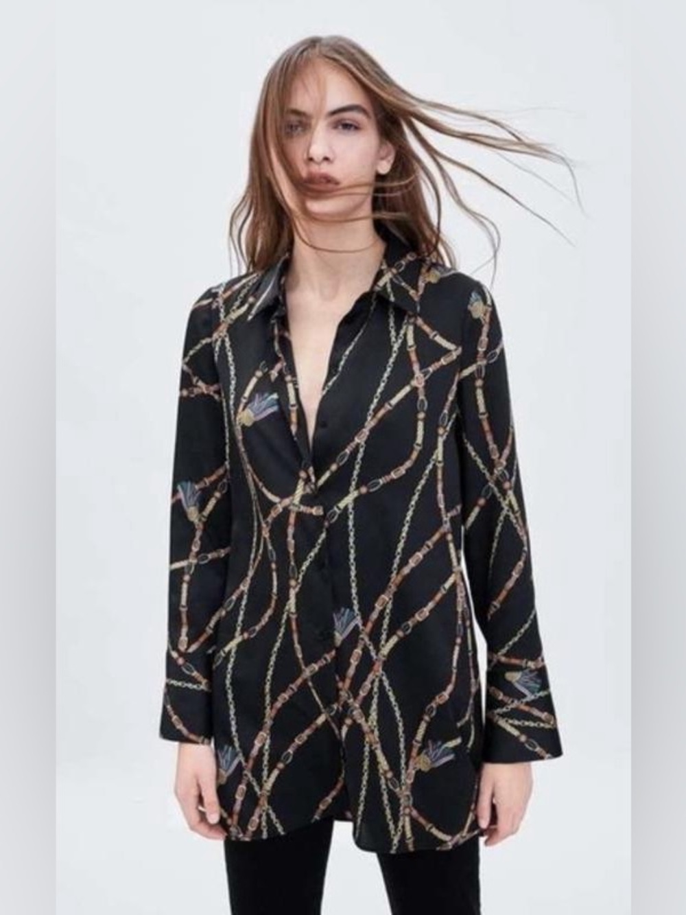 Zara Black Chain-Print Satin Button-Down Shirt